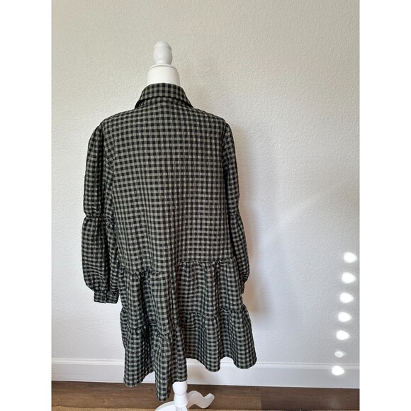 River Island Long Sleeve Tiered Black Green Gingham Button Down Mini Dress Sz 14 - Picture 2 of 9